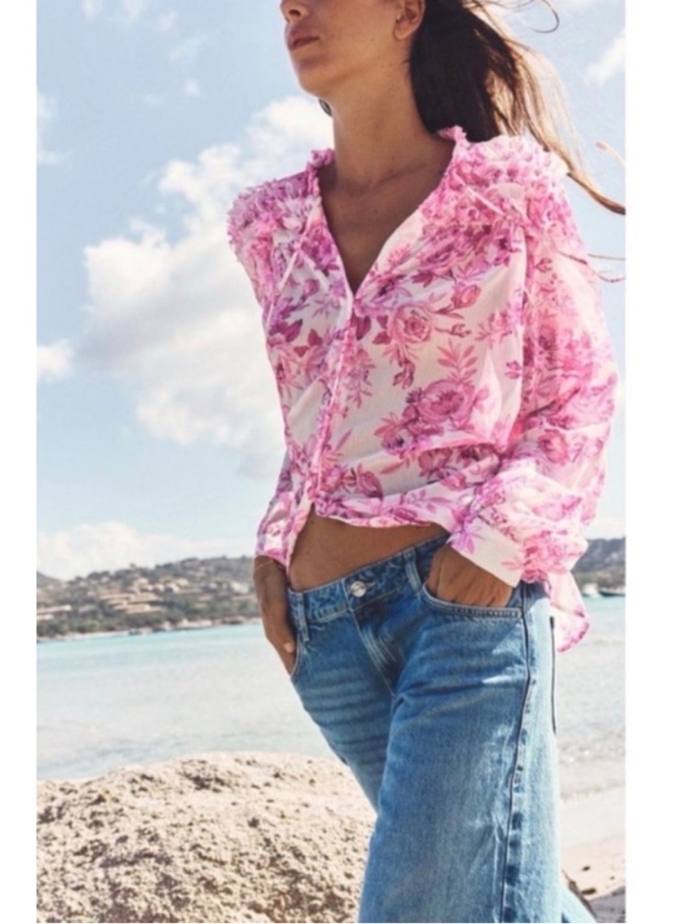 ZARA Pink Floral Sheer Ruffle Blouse XS Romantic Boho like new